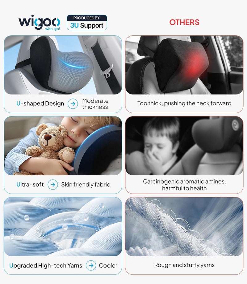 Wigoo 2026 Upgrade Car Neck Pillow [No More Pressure, Odorless] Soft Car Headrest Pillow with Adjustable Strap Removable Cover 100% Memory Foam, Fits All Vehicles (Gray 2-Pack) - Image 3